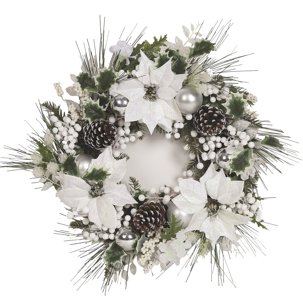 Straits Poinsettia Wreath with Berries & Pine Cones – DeWaldens Garden ...