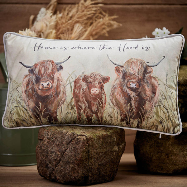 Dougal Highland Cow Cushion (Velour Fabric) Where The Herd Is - DeWaldens Garden Centre