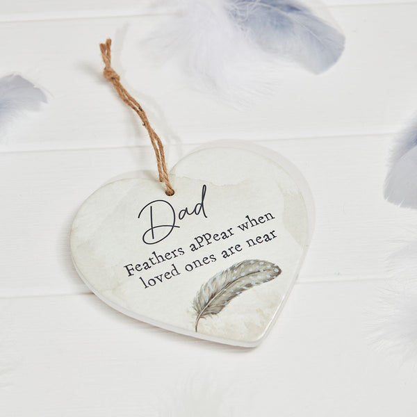 Grey Feather Dad Memory Heart Hanger - Watercolour Ceramic - DeWaldens Garden Centre