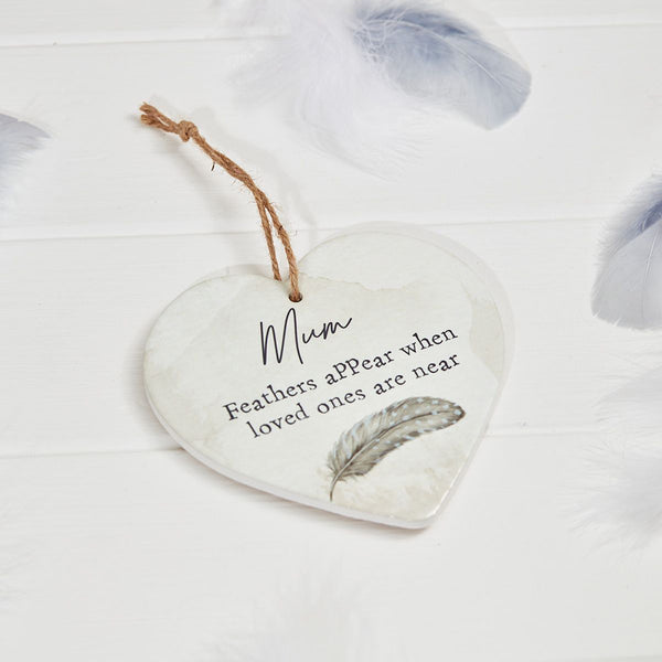 Grey Feather Mum Memory Heart Hanger - Watercolour Ceramic - DeWaldens Garden Centre