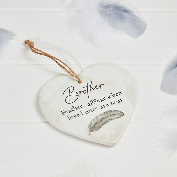 Grey Feather Brother Memory Heart Hanger - Watercolour Ceramic - DeWaldens Garden Centre