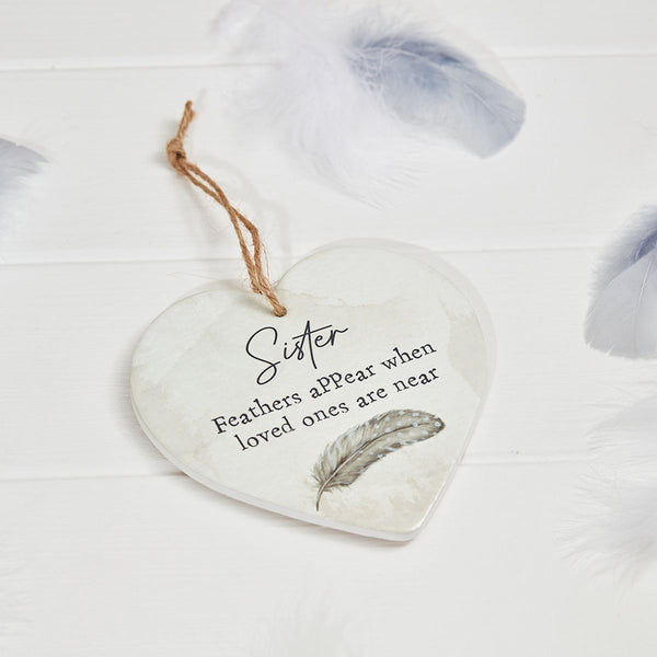 Grey Feather Sister Memory Heart Hanger - Watercolour Ceramic - DeWaldens Garden Centre