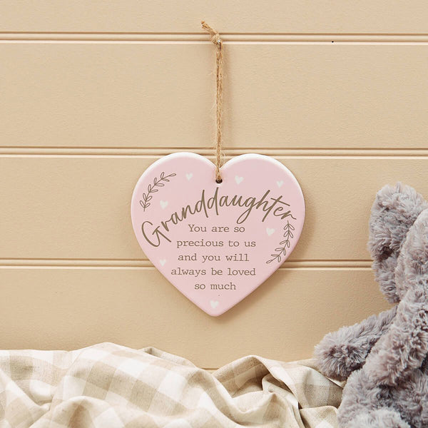 Baby Granddaughter Heart Hanger Pink Ceramic with Wreaths - DeWaldens Garden Centre