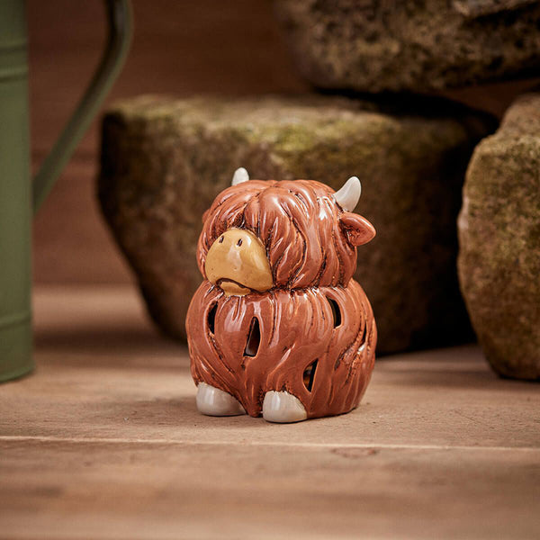 Dougal Highland Cow Tealight Holder (Brown Embossed Stoneware) - DeWaldens Garden Centre