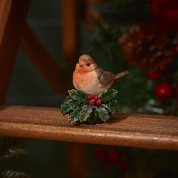Festive Robin Resin Ornament Sat On Bunch of Holly - DeWaldens Garden Centre