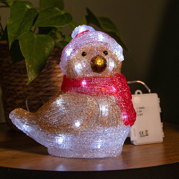 Festive 19cm Battery Operated Lit Acrylic Robin - DeWaldens Garden Centre