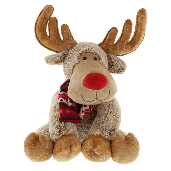 Festive Plush Light Brown Reindeer with Red Scarf - DeWaldens Garden Centre