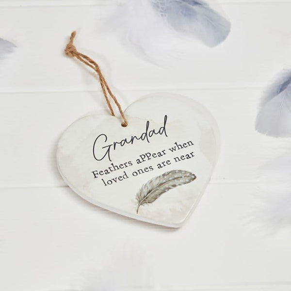 Grey Feather Grandad Memory Heart Hanger - Watercolour Ceramic - DeWaldens Garden Centre