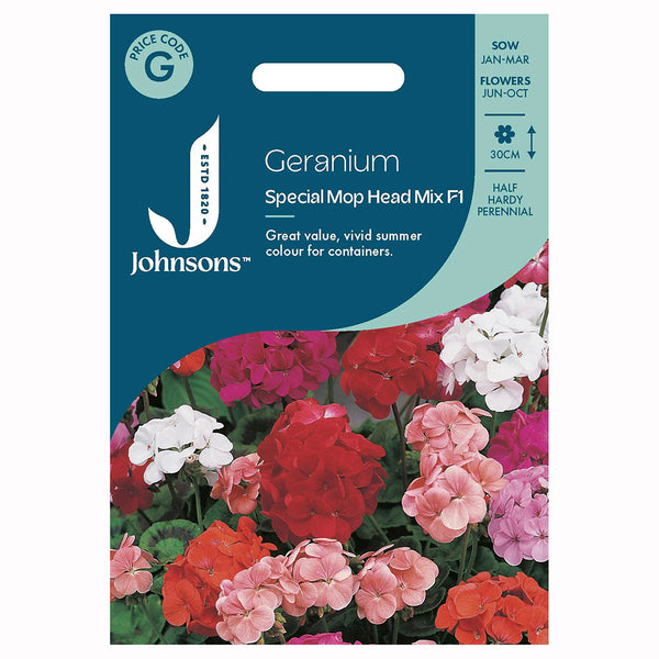 Johnsons Geranium Special Mop Head Mixed F1 Seeds - DeWaldens Garden Centre