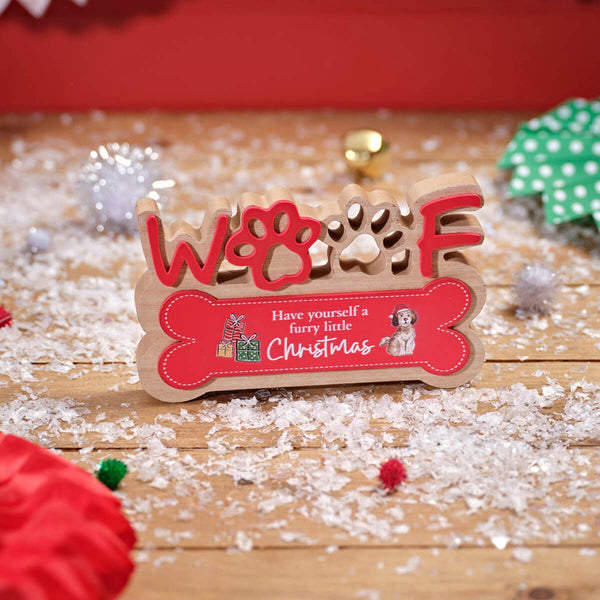 Furry And Festive Wood Cut Out Woof Christmas Block - DeWaldens Garden Centre