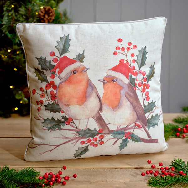 Festive Robin Printed Cushion - DeWaldens Garden Centre