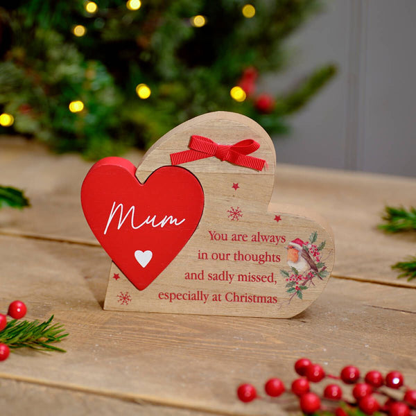 Christmas Wood Heart Block with Robin & Berries - DeWaldens Garden Centre