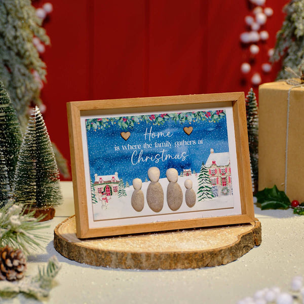 Christmas Cottage Family Gathers Wood Frames Plaque With Pebble Family - DeWaldens Garden Centre