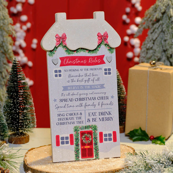 Christmas Cottage Christmas Rules Wood Plaque With 3D Hearts - DeWaldens Garden Centre