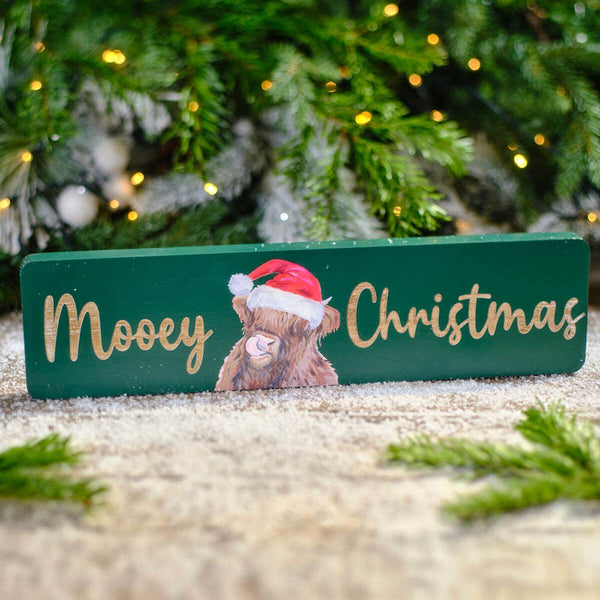 Frosted Highland Cow Mooey Christmas Wooden Engraved Plaque - DeWaldens Garden Centre