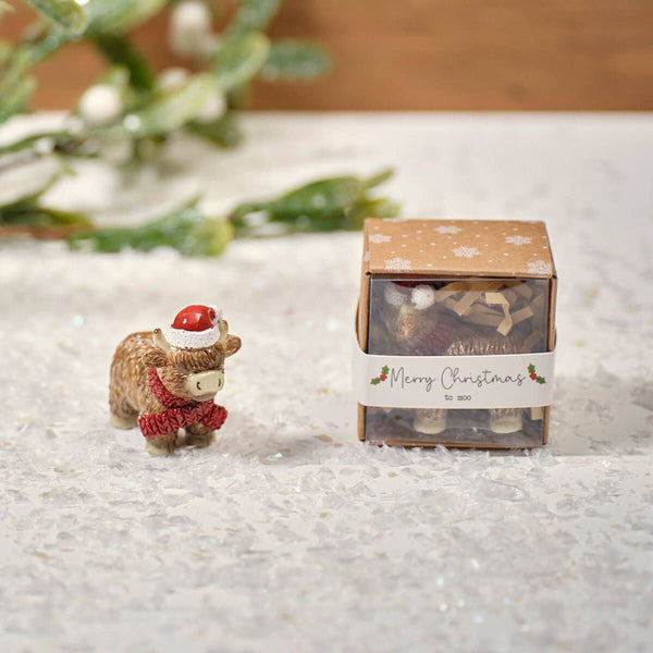 Christmas Tiny World Resin Highland Cow Keepsake Ornament With Box - DeWaldens Garden Centre