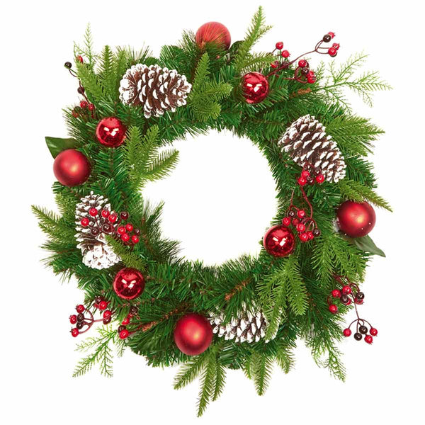 Premier 50cm Red Bauble Pinecone Wreath - DeWaldens Garden Centre