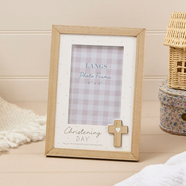 Christening Wood Photo Frame with 3D Wood Cross - DeWaldens Garden Centre
