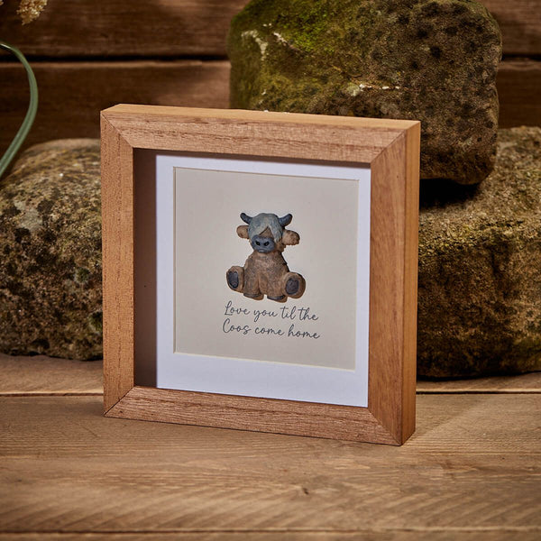 Dougal Highland Cow Coos Wood Framed Resin Pebble Picture - DeWaldens Garden Centre