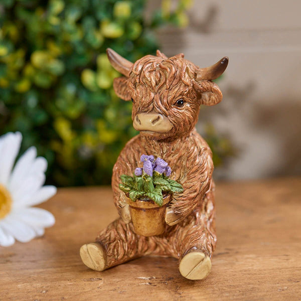 Highland Cow with Flower in Plant Pot Resin Ornament - DeWaldens Garden Centre