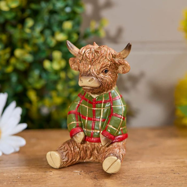 Highland Cow with Tartan Jumper Resin Ornament - DeWaldens Garden Centre