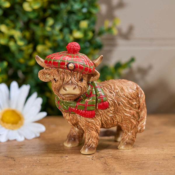 Highland Cow with Tartan Beret Resin Ornament - DeWaldens Garden Centre