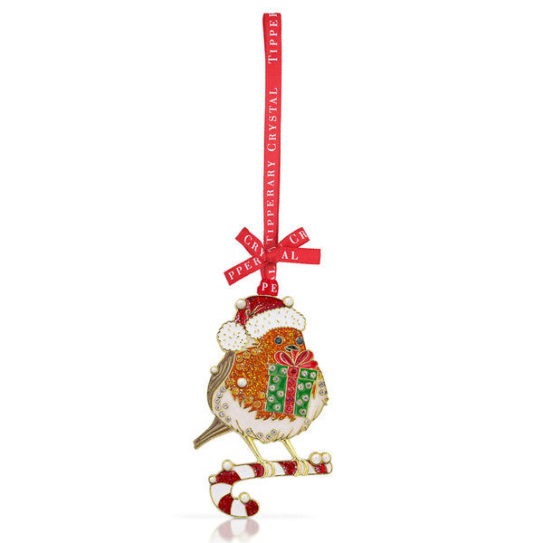 Tipperary Sparkle Decoration - Robin with Gift - DeWaldens Garden Centre