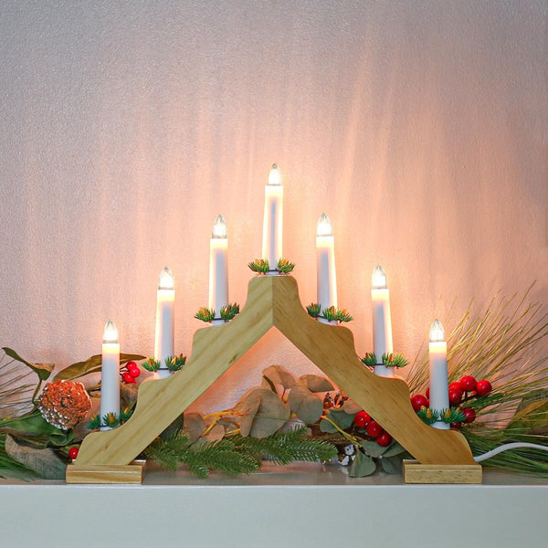 Premier 39cm 7L Wooden Candle Bridge | 7 Warm White LEDs | Indoor Use Only | DeWaldens Garden Centre