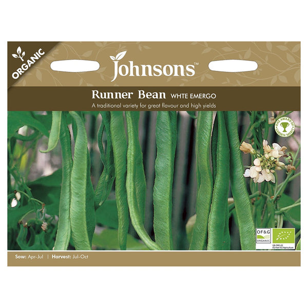 Johnsons Organic Runner Bean White Emergo Seeds - DeWaldens Garden Centre