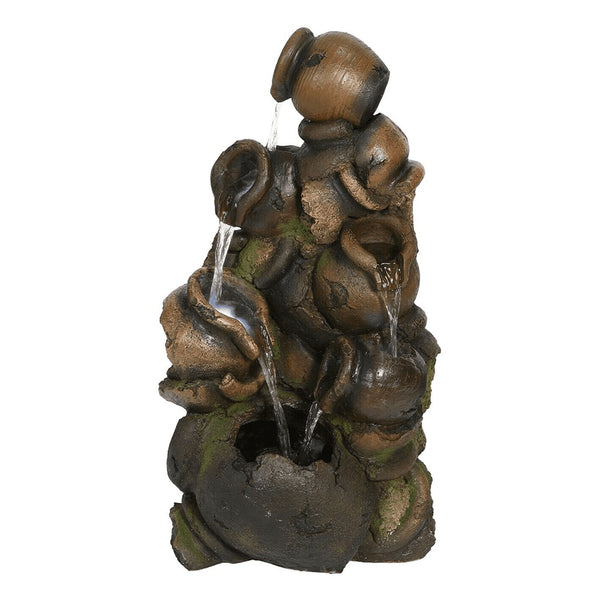 Stacked Pouring Brown Pot Water Feature | 12kg | LED lights | DeWaldens Garden Centre