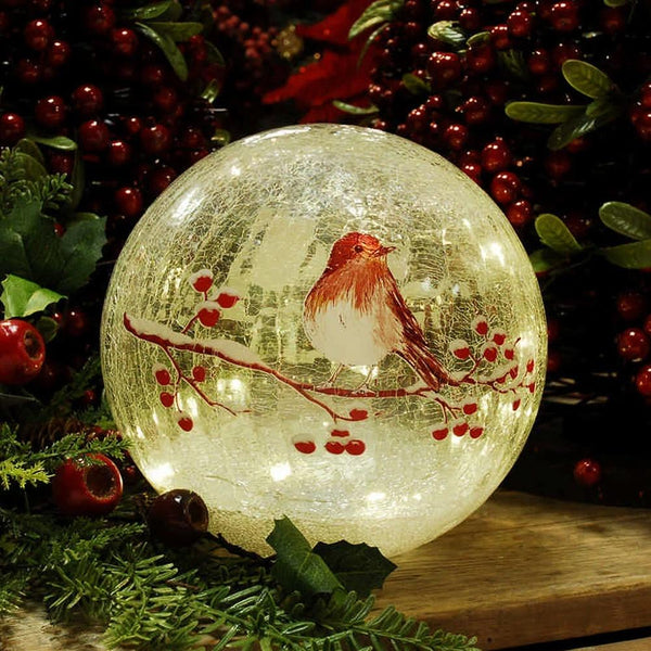 Festive LED Crackle Effect Robin Ball | 20cm | DeWaldens Garden Centre