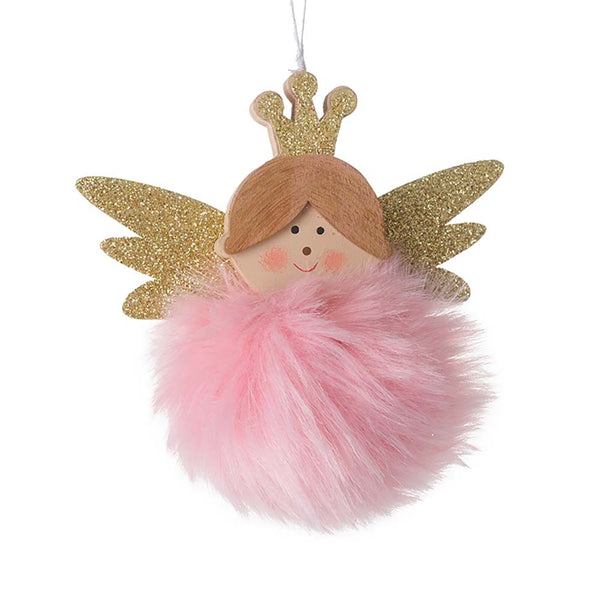 'Heaven Sends' Wooden Angel With Pink Fur Snowball - DeWaldens Garden Centre