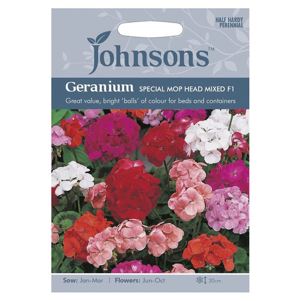 Johnsons Geranium Special Mop Head Mixed F1 Seeds - DeWaldens Garden Centre
