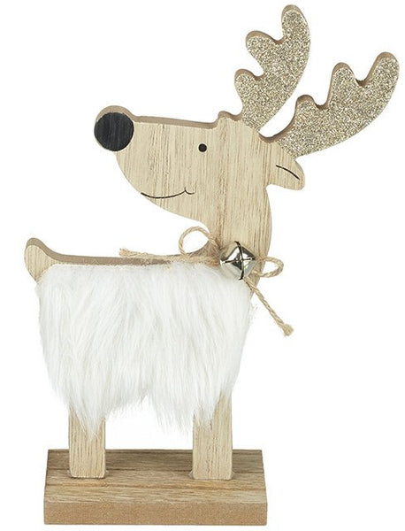 'Heaven Sends' White Fur Wooden Reindeer Small - DeWaldens Garden Centre