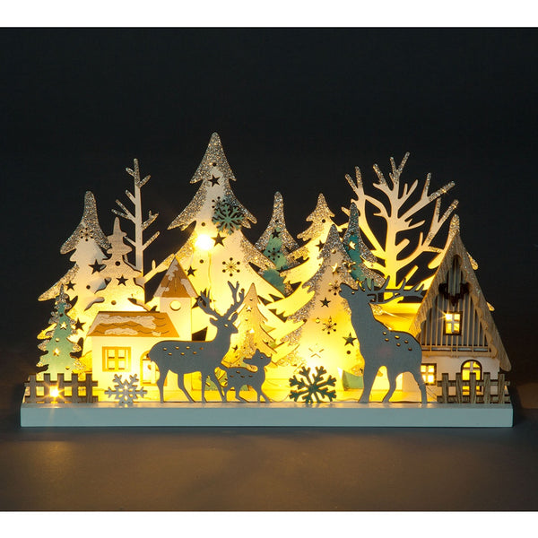Snowtime B/O 18cm Table Top Scene with House/Family Stags - DeWaldens Garden Centre