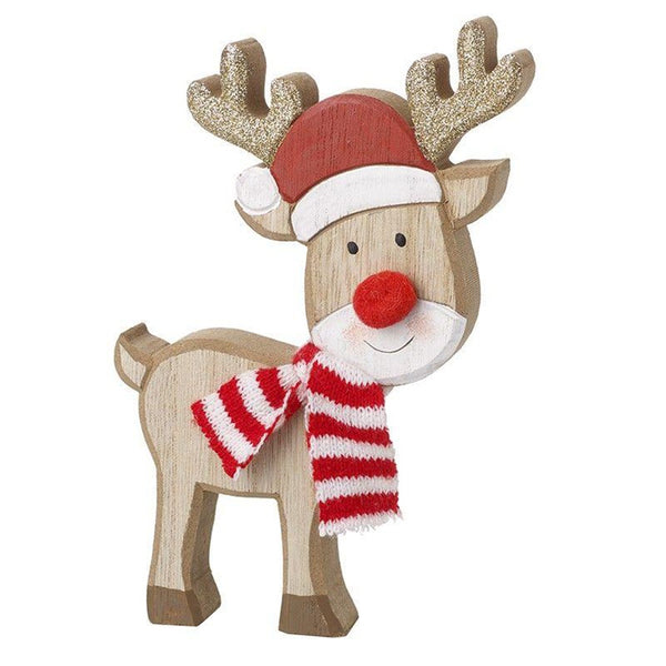 Heaven Sends - Large Wooden Rudolph in Red & White Scarf - DeWaldens Garden Centre