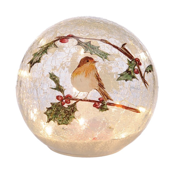 Festive 20cm Lit Robin on Holly Twig Crackle Ball - DeWaldens Garden Centre