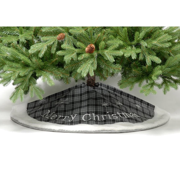 Festive 100cm Grey Tartan Merry Christmas Tree Skirt - DeWaldens Garden Centre