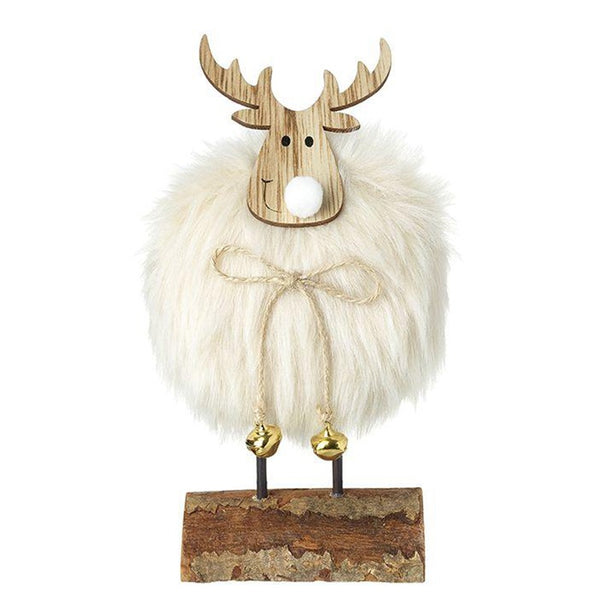 Heaven Sends - Fluffy White Deer on Wooden Stand - DeWaldens Garden Centre