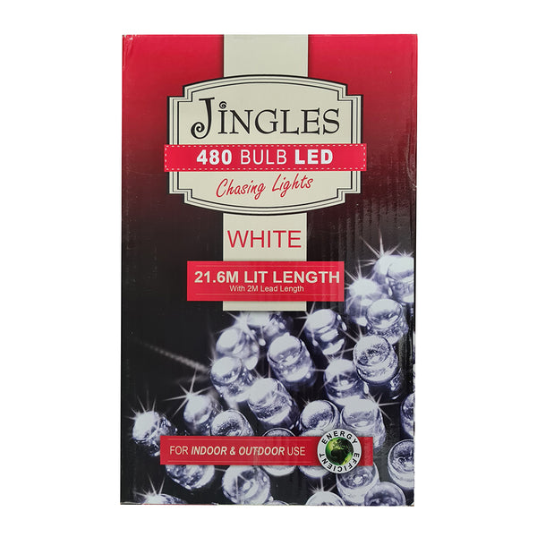 Jingles Multi Function LED Chasing Lights | 480 Bulbs | 21.6m Lit Length | White | DeWaldens Garden Centre