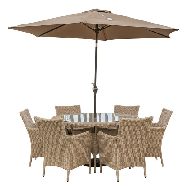 Monaco 6 Seat Dining Set With Soleil Parasol | Taupre | DeWaldens Garden Centre