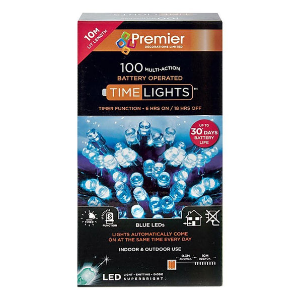 Premier 100 Multi Action Battery Operated LED Lights with Timer | Blue | DeWaldens Garden Centre