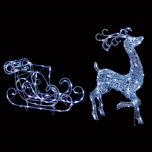 Premier 1m Acrylic Reindeer and Sleigh | White LEDs | DeWaldens Garden Centre