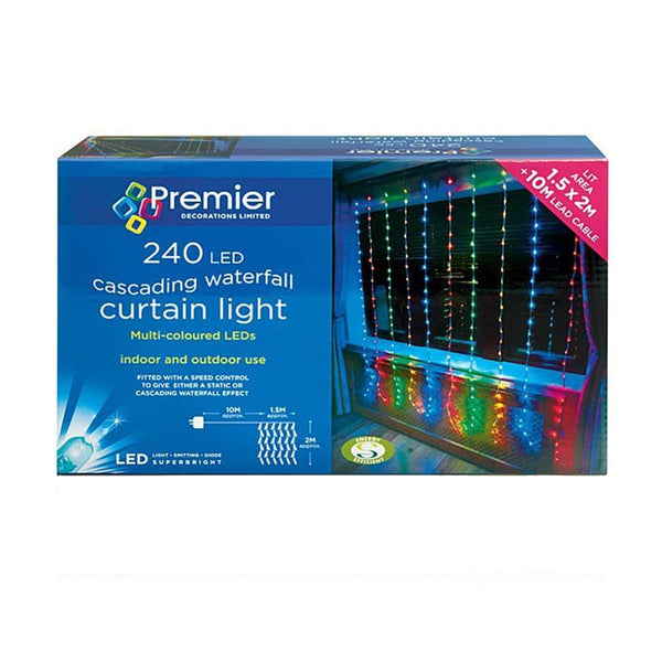 Premier 240 LED Waterfall Curtain Lights - Multi Colour | 10 x 2 m strings | DeWaldens Garden Centre