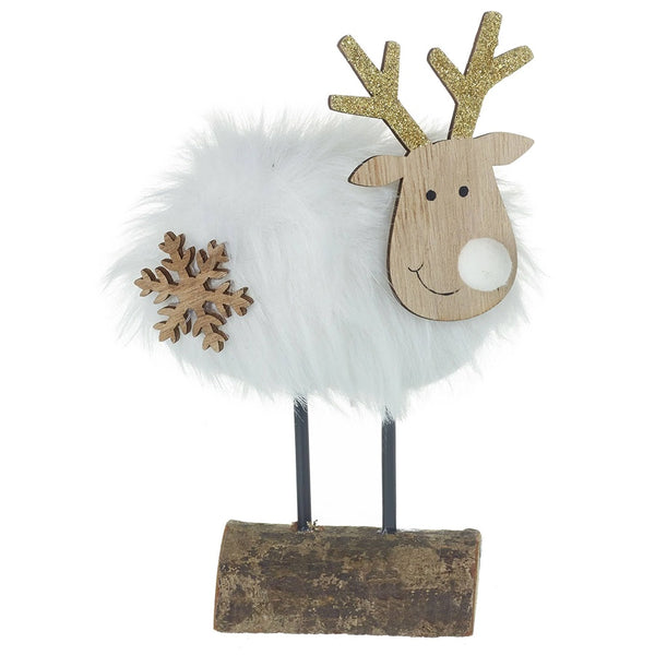 Heaven Sends Wooden Deer on Log with White Fur - DeWaldens Garden Centre