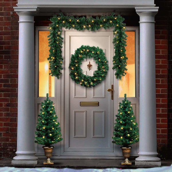 Premier Christmas Door Set (Outdoor) Pre-Lit Trees, Wreath & Garland - DeWaldens Garden Centre