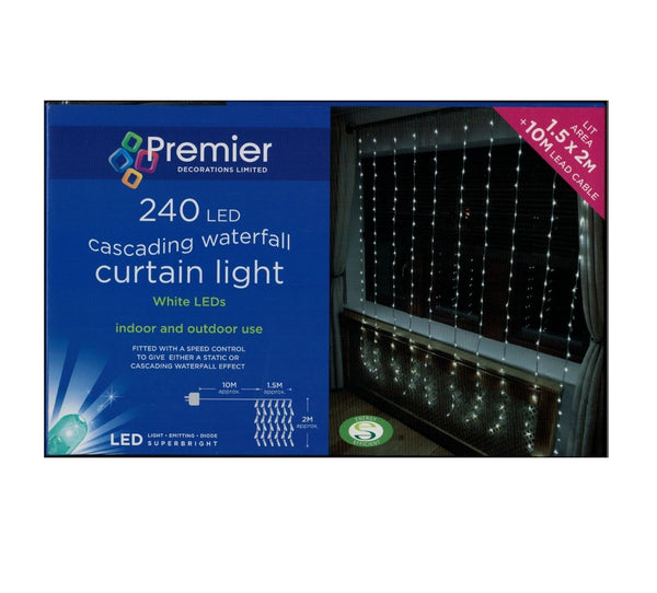 Premier 240 LED Waterfall Curtain Lights | 10 x 2 m strings | White | DeWaldens Garden Centre
